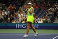 Jelena Ostapenko of Latvia in action during round 4 match against Iga Swiatek of Poland at the 2023 US Open