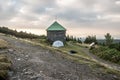 Jeleni studanka stone chelter with tent in Jeseniky mountains in Czech republic Royalty Free Stock Photo