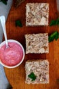 Jellied meat with horseradish on a wooden board.style hugge