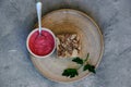 Jellied meat with horseradish on a wooden board.style hugge