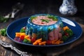 Jellied meat with vegetables beautifully served on a plate, AI Generated