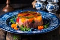 Jellied meat with vegetables beautifully served on a plate, AI Generated