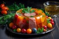 Jellied meat with vegetables beautifully served on a plate, AI Generated