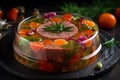 Jellied meat with vegetables beautifully served on a plate, AI Generated