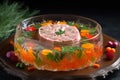 Jellied meat with vegetables beautifully served on a plate, AI Generated