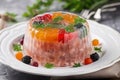 Jellied meat with vegetables beautifully served on a plate, AI Generated