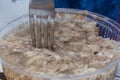 Jellied pork closeup. Traditional meat dish. Meat and fork