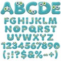 Jelly alphabet, letters, numbers and characters with eyes. Isolated colored vector objects.