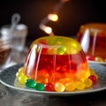 Jelly candies on a plate on a dark background. Selective focus.