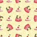 Jelly and cherry pattern. Confectionery sweets. Seamless pattern for kitchen, cafe, dining room