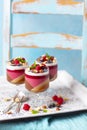 Jelly dessert layers like panna cotta: coffee, chocolate, raspberries, coconut mmilkilk