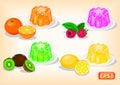 Jelly with different flavors with citrus fruits and raspberries