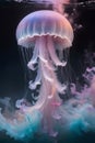 Marine life, sea, ocean inhabitants, seajelly. Amazing jelly fish with long tentacles in the aquarium in dark water.