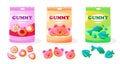 Jelly gum pack. Cartoon colorful sweet gummy bears, various assortment of colorful sweet fruit snack for kids. Vector