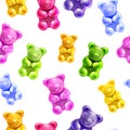 Jelly gummy bear seamless pattern, vector cute colored cartoon kids candy texture, fruit dessert.