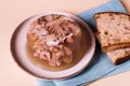 Jelly with meat, beef aspic. Portion on plate with bread Royalty Free Stock Photo