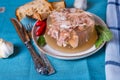 Jelly with meat, beef aspic, traditional dish. portion on plate. Bread and chili Royalty Free Stock Photo