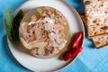 Jelly with meat, beef aspic, traditional dish. portion on plate. Bread and chili Royalty Free Stock Photo