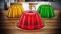 Jelly in the plate standing on the kitchen table. 3D illustration