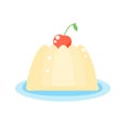 Jelly pudding with cherry berry on plate. Vector icon, isolated clip art