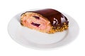 Jelly roll with chocolate crumb pink, nuts on a Royalty Free Stock Photo