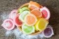 Jelly sweet, flavor fruit, candy dessert colorful in ceramic bow Royalty Free Stock Photo