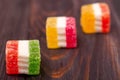 Jelly sweet, flavor fruit, candy dessert colorful on wood background