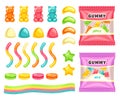 Jelly sweet vitamin gum candy, marmalade sweets, sugar food assortment and pack isolated set