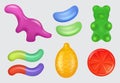 Jelly sweets. Delicious colored transparent snacks gummy bear eating candies decent vector realistic templates Royalty Free Stock Photo