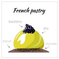 Jelly on a white background. Lemon blackberry cake for design, print, posters, banners, cards, menu. Vector illustration