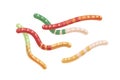 Jelly worms candies. Sweet and sour gummy snakes. Assorted fruit gums composition. Funny gelatin dessert for kids. Yummy