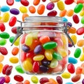 Jellybeans in a jar, white jellybean background. Royalty Free Stock Photo