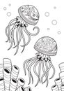 Jellyfish antistress doodle coloring book page for adults. Zentangle stylized sea animal. Black and white contoured illustraton