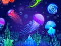 Jellyfish background. Cartoon colorful transparent glowing underwater creatures floating together. Vector colorful Royalty Free Stock Photo