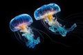 Jellyfish on black background, 3D illustration of jellyfish, Two jellyfishes swimming in the water. 3d rendering, AI Generated Royalty Free Stock Photo