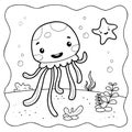 Jellyfish black and white. Coloring book or Coloring page for kids. Marine background