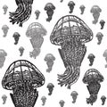 Jellyfish black and white seamless pattern.