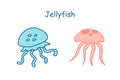 Jellyfish blue and salmon color isolated doodle illustration. Undersea creatures cartoon characters