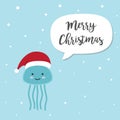 Jellyfish cartoon character. A Cute Jellyfish wearing Santa Claus hat standing on marine blue background.Flat design Vector illus