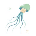 Jellyfish cartoony flat decoration. Hand-drawn poisonous medusa, marine oceanic inhabitant, simple nautical character design.