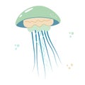 Jellyfish cartoony flat decoration. Hand-drawn poisonous medusa, marine oceanic inhabitant, simple nautical character design.