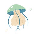 Jellyfish cartoony flat decoration. Hand-drawn poisonous medusa, marine oceanic inhabitant, simple nautical character design.