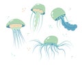 Jellyfish cartoony flat decoration set. Hand-drawn poisonous medusa collection, marine oceanic inhabitants, simple nautical