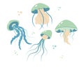 Jellyfish cartoony flat decoration set. Hand-drawn poisonous medusa collection, marine oceanic inhabitants, simple nautical