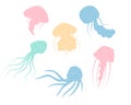Jellyfish cartoony flat decoration set. Hand-drawn poisonous texturedmedusa, marine oceanic inhabitant, simple nautical character