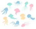 Jellyfish cartoony flat decoration set. Hand-drawn poisonous texturedmedusa, marine oceanic inhabitant, simple nautical character