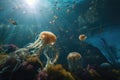 jellyfish and cnidarian school in a vibrant underwater scene