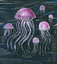 Jellyfish dancing in the water column among air bubbles and decorative ornamental waves. Drawing on black paper Royalty Free Stock Photo