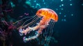 Jellyfish dansing in the dark blue ocean water. Glowing jellyfish swim deep in blue sea