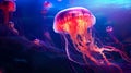 Jellyfish dansing in the dark blue ocean water. Glowing jellyfish swim deep in blue sea